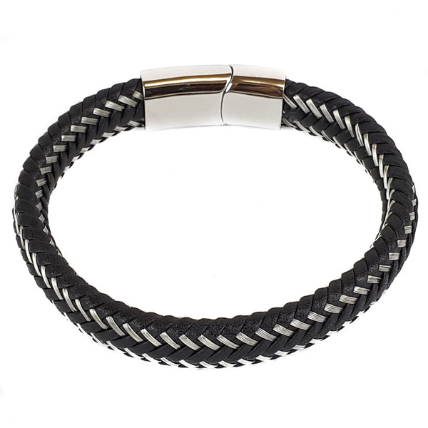 BLACK LEATHER AND STAINLESS STEEL BRACELET