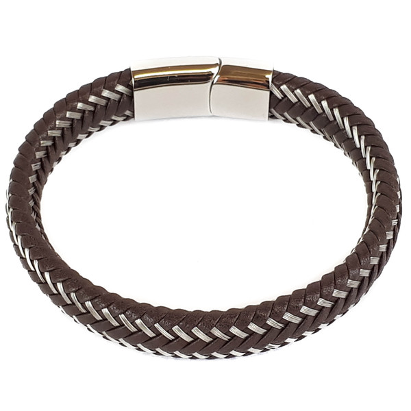 BROWN LEATHER AND STAINLESS STEEL BRACELET