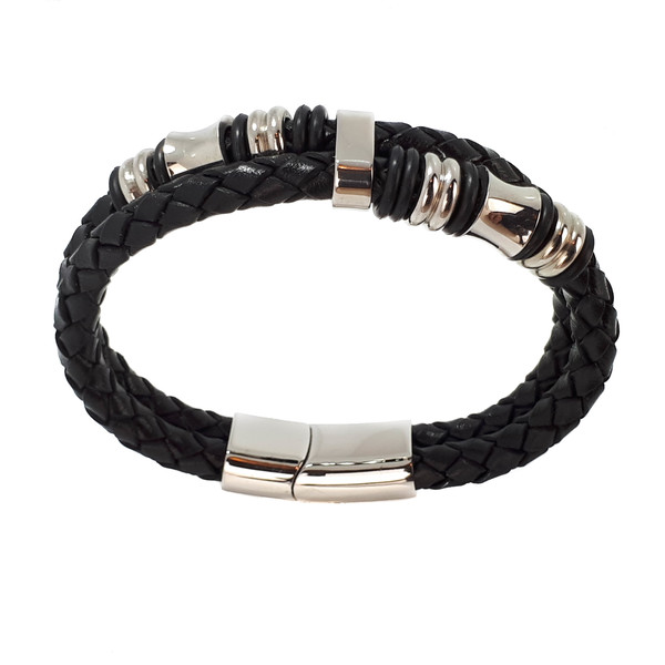BLACK LEATHER DOUBLE STRAND BRACELET WITH STAINLESS STEEL BEADS - Santo ...