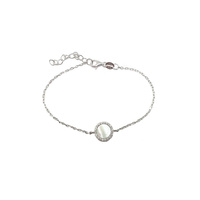 STERLING SILVER MOTHER OF PEARL DISC BRACELET WITH CUBIC ZIRCONIAS
