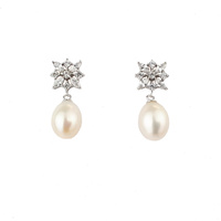 STERLING SILVER FLOWER SHAPED CZ FW PEARL EARRINGS