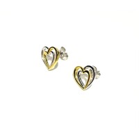 YELLOW GOLD AND SILVER DOUBLE HEART STUD EARRINGS