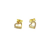 YELLOW GOLD HALF CZ OUTLINE HEART EARRINGS