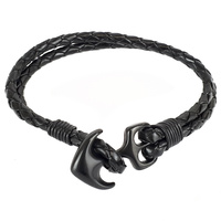 BLACK LEATHER AND BLACK ANCHOR BRACELET