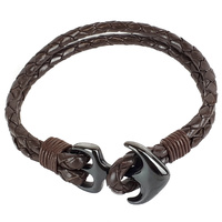BROWN LEATHER AND BLACK ANCHOR BRACELET