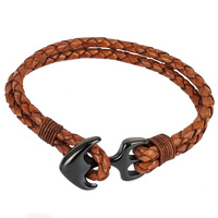 TAN LEATHER AND BLACK ANCHOR BRACELET