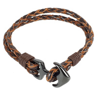 TWO TONE BROWN LEATHER AND BLACK ANCHOR BRACELET