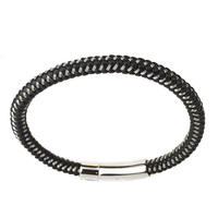 BLACK LEATHER AND STAINLESS STEEL THIN BRACELET