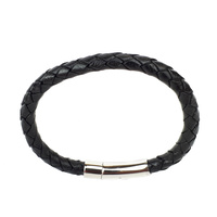 BLACK LEATHER SINGLE STRAND BRACELET WITH STAINLESS STEEL CLASP