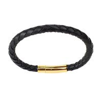 BLACK LEATHER SINGLE STRAND BRACELET WITH YELLOW GOLD CLASP