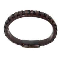 BROWN LEATHER WITH BLACK STAINLESS STEEL CHAIN BRACELET