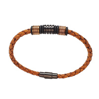 THIN TAN LEATHER BRACELET WITH BLACK AND ROSE GOLD BEADS