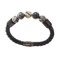 SPIDER JASPER LARGE BEAD AND BLACK LEATHER BRACELET