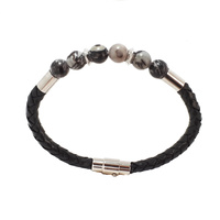 SPIDER JASPER SMALL BEAD AND BLACK LEATHER BRACELET