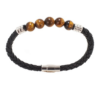 BROWN TIGERS EYE BEAD AND LEATHER BRACELET
