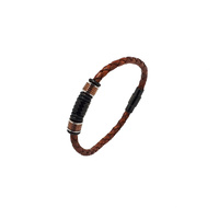 THIN TAN LEATHER BRACELET WITH BLACK AND ROSE GOLD BEADS