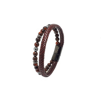 RED TIGERS EYE, HEMATITE AND MAROON LEATHER BRACELET