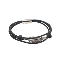 STAINLESS STEEL FEATHER AND BLACK LEATHER BRACELET