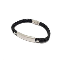 STAINLESS STEEL AND BLACK LEATHER ID BRACELET