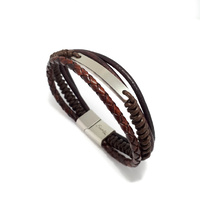 BROWN LEATHER AND STAINLESS STEEL MULTI STRAND ID BRACELET