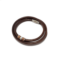 BROWN LEATHER WRAP AROUND BRACELET WITH STAINLESS STEEL BEADS