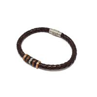 BROWN LEATHER TUBE BRACELET WITH STAINLESS STEEL BEADS