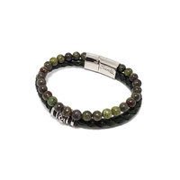 DRAGON BLOOD JASPER AND GREEN LEATHER DOUBLE STRAND BRACELET WITH BEADS