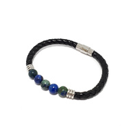 BLACK LEATHER BRACELET WITH AZURITE MALACHITE BEADS