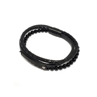 BLACK LEATHER AND BLACK AGATE THREE STRAND ID BRACELET