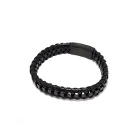 BLACK LEATHER AND BLACK STAINLESS STEEL CHAIN BRACELET