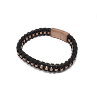 BLACK LEATHER WITH COPPER STAINLESS STEEL BOX CHAIN BRACELET
