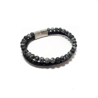TWO STRAND BLACK LEATHER AND SNOWFLAKE OBSIDIAN BRACELET