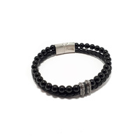 TWO STRAND BLACK LEATHER ONYX BRACEKET WITH STAINLESS STEEL DOT BEADS