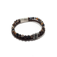 TWO STRAND BROWN LEATHER AND BROWN AGATE BRACELET WITH STAINLESS STEEL DOT BEADS