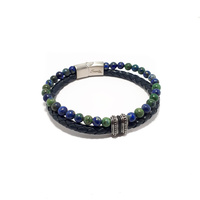 TWO STRAND BLUE LEATHER AND AZURITE MALACHITE BRACELET WITH STAINLESS STEEL DOT BEADS