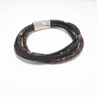 FOUR STRAND BROWN LEATHER BRACELET WITH BRONZITE AND HEMATITE
