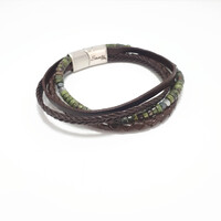 FOUR STRAND BROWN LEATHER BRACELET WITH DRAGONBLOOD JASPER AND HEMATITE