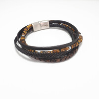 FOUR STRAND BROWN LEATHER BRACELET WITH TIGERS EYE AND HEMATITE