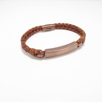 COPPER PLATED STAINLESS STEEL AND TAN LEATHER ID BRACELET