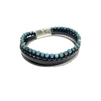 BLUE APATITE, ONYX AND BLACK LEATHER BRACELET