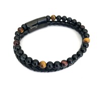 BLACK LEATHER, ONYX AND TIGERS EYE DOUBLE STRAND BRACELET