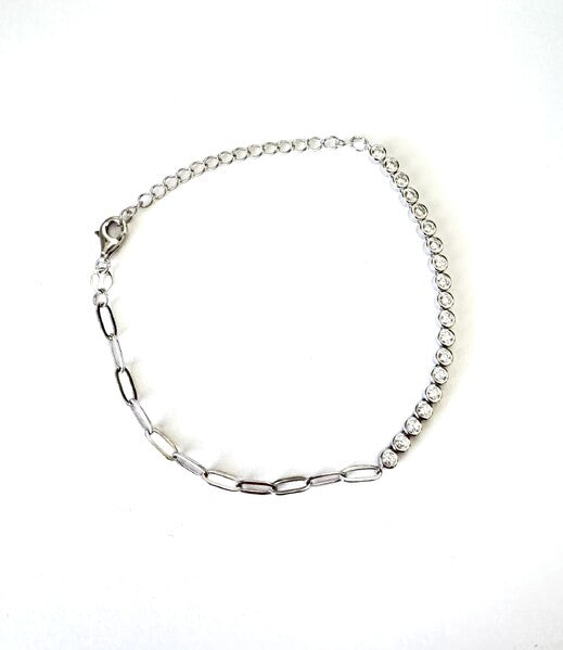 STERLING SILVER PLATED S/SIL HALF CZ HALF PAPERCLIP LINK BRACELET