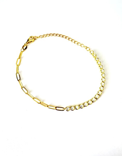 YELLOW GOLD PLATED S/SIL HALF CZ HALF PAPERCLIP LINK BRACELET
