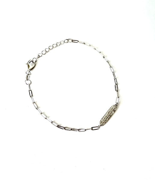 STERLING SILVER PAVE CZ BAR AND PAPERCLIP LINK BRACELET