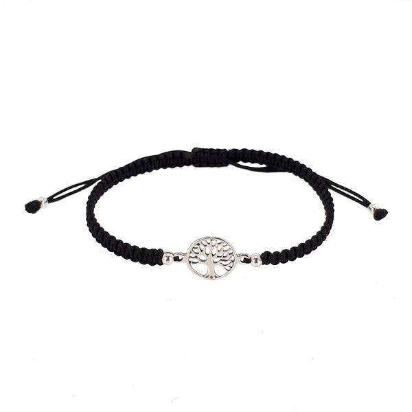 STERLING SILVER TREE OF LIFE CORD BRACELET BLACK