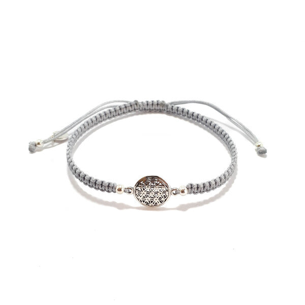 STERLING SILVER PATTERNED DISC CORD BRACELET GREY