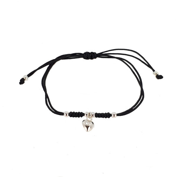STERLING SILVER HEART CORD BRACELET BLACK