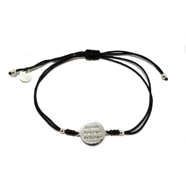 STERLING SILVER DREAM, BELIEVE, ACHIEVE CORD BRACELET BLACK