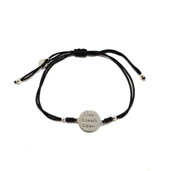 STERLING SILVER LIVE, LAUGH, LOVE CORD BRACELET BLACK