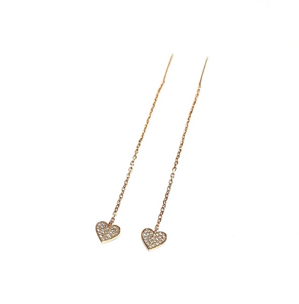 ROSE GOLD PAVE CZ HEART THREAD EARRINGS